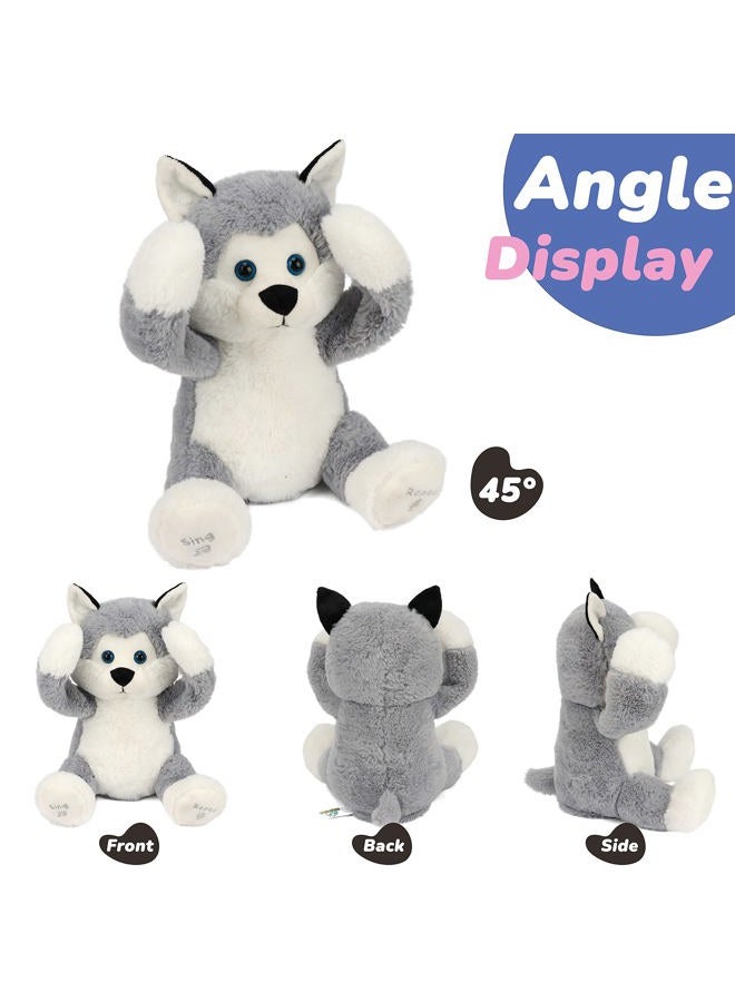 Hopearl Peek A Boo Husky Interactive Repeats What You Say Plush Dog Toy Musical Singing Talking Stuffed Animal Adorable Electric Animate Christmas Winter Birthday Gift, Gray, 11.5'' - Image 3