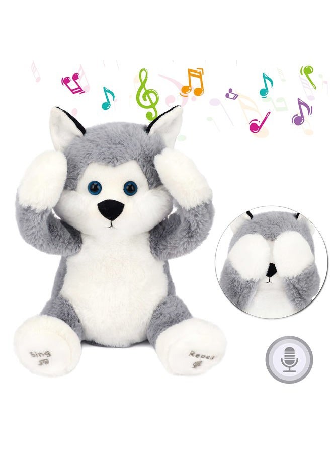 Hopearl Peek A Boo Husky Interactive Repeats What You Say Plush Dog Toy Musical Singing Talking Stuffed Animal Adorable Electric Animate Christmas Winter Birthday Gift, Gray, 11.5'' - Image 1