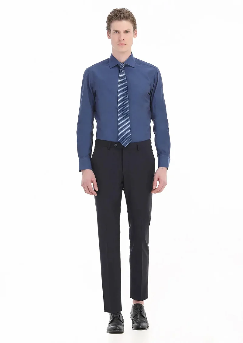 RAMSEY Navy Blue Plain Slim Fit Weaving Classical Cotton Blended Shirt