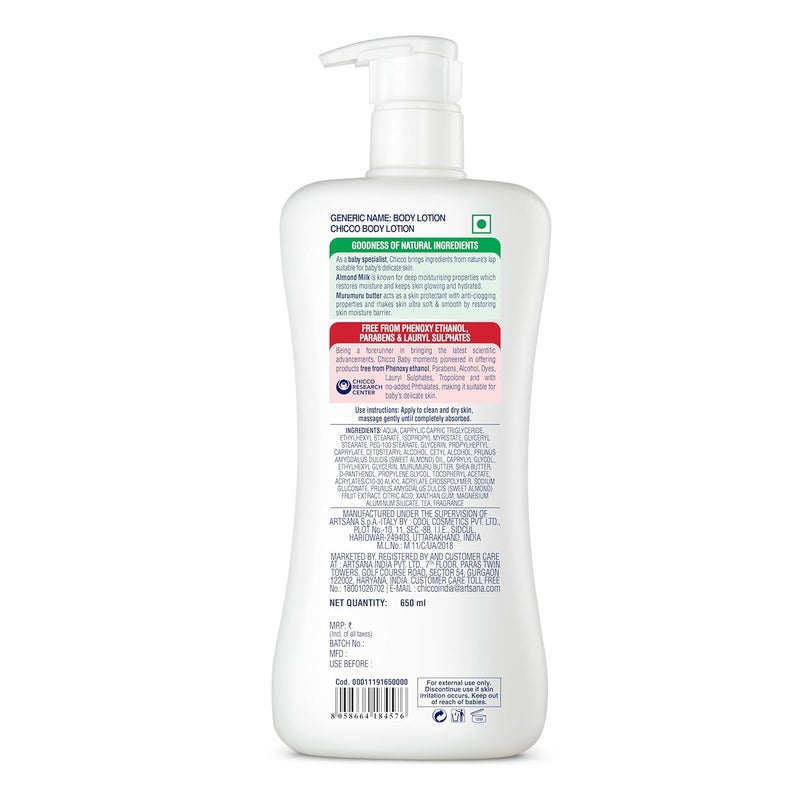 Chicco Baby Moments Body Lotion for Babies 650ml  Almond Milk  Murumuru ButterQuick Absorb Formula  Natural Ingredients for Soft Skin  Dermatologically TestedParabens  Phenoxyethanol Free - Image 2