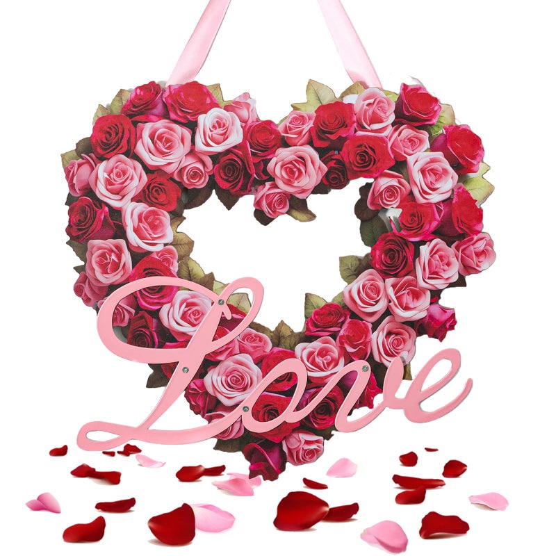 Walasis Valentines Door Decor for Wedding: Heart Sign Wall Hanging Love Plaque Rose Decorations for Valentine Day Wedding Red Pink Wooden Wreath - Image 1