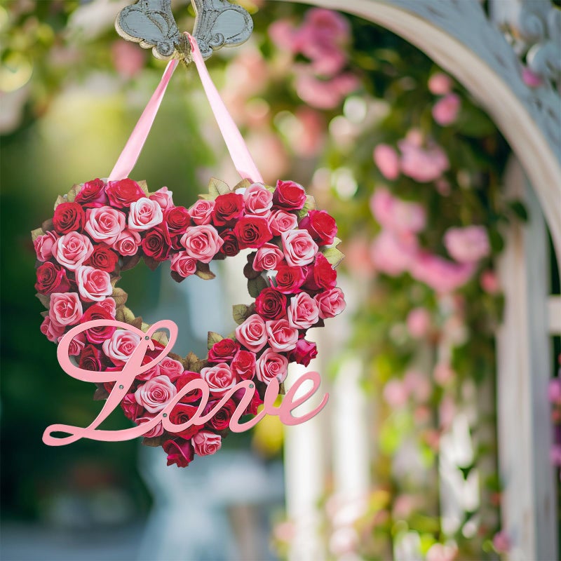 Walasis Valentines Door Decor for Wedding: Heart Sign Wall Hanging Love Plaque Rose Decorations for Valentine Day Wedding Red Pink Wooden Wreath - Image 4