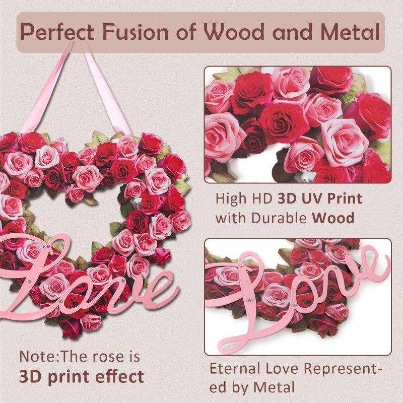 Walasis Valentines Door Decor for Wedding: Heart Sign Wall Hanging Love Plaque Rose Decorations for Valentine Day Wedding Red Pink Wooden Wreath - Image 2