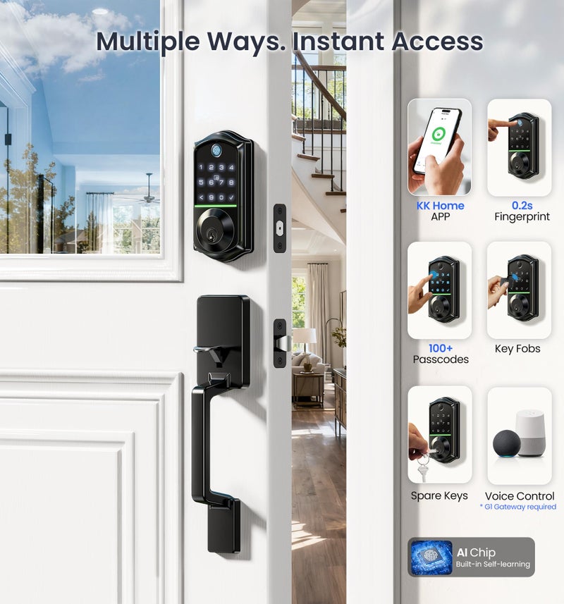 Veise VE017-D Smart Fingerprint Front Door Lock Set, App Control, 8-in-1 Keyless Entry Deadbolt with Lever Handle, Touchscreen Keypad, IP55 Weatherproof, Auto Lock, Easy Install, Matte Black - Image 3