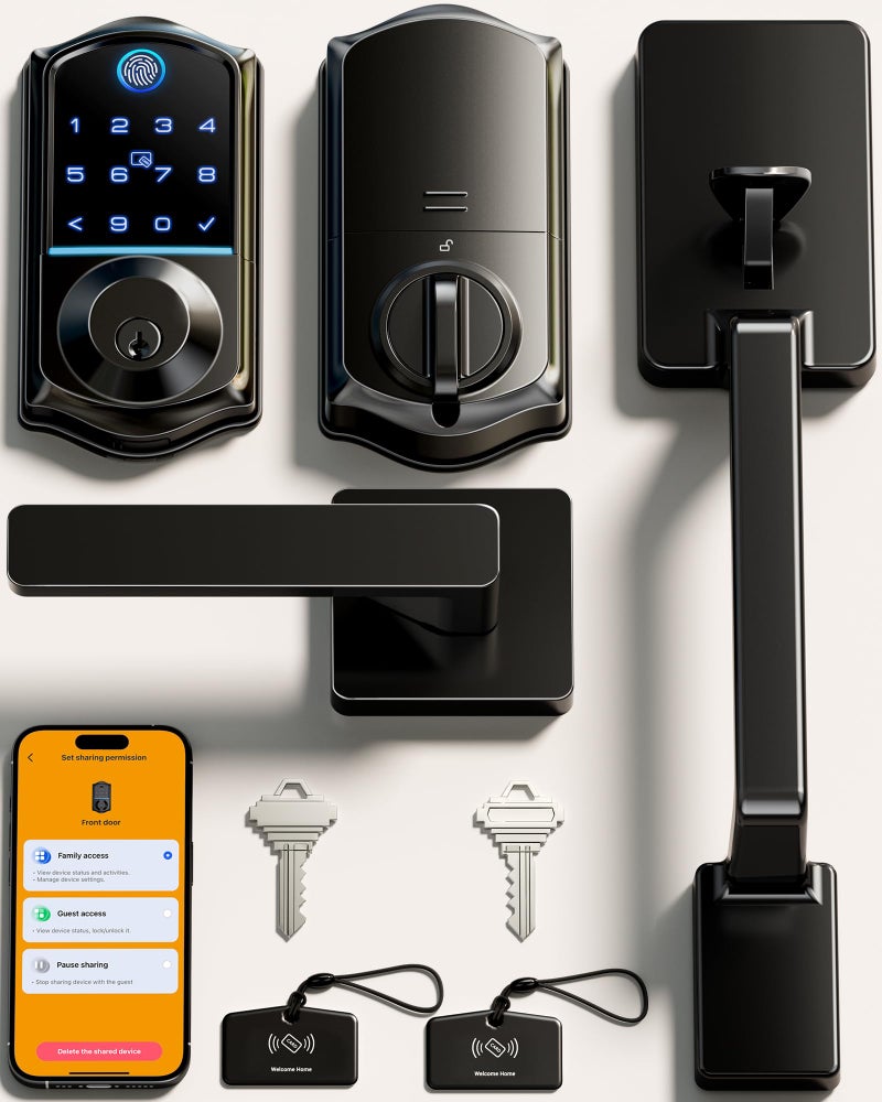 Veise VE017-D Smart Fingerprint Front Door Lock Set, App Control, 8-in-1 Keyless Entry Deadbolt with Lever Handle, Touchscreen Keypad, IP55 Weatherproof, Auto Lock, Easy Install, Matte Black - Image 1
