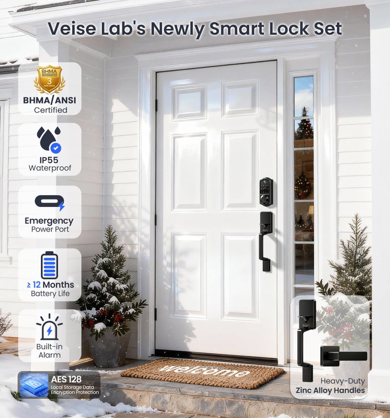 Veise VE017-D Smart Fingerprint Front Door Lock Set, App Control, 8-in-1 Keyless Entry Deadbolt with Lever Handle, Touchscreen Keypad, IP55 Weatherproof, Auto Lock, Easy Install, Matte Black - Image 5