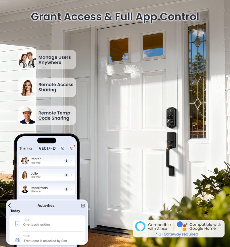 Veise VE017-D Smart Fingerprint Front Door Lock Set, App Control, 8-in-1 Keyless Entry Deadbolt with Lever Handle, Touchscreen Keypad, IP55 Weatherproof, Auto Lock, Easy Install, Matte Black - Image 2