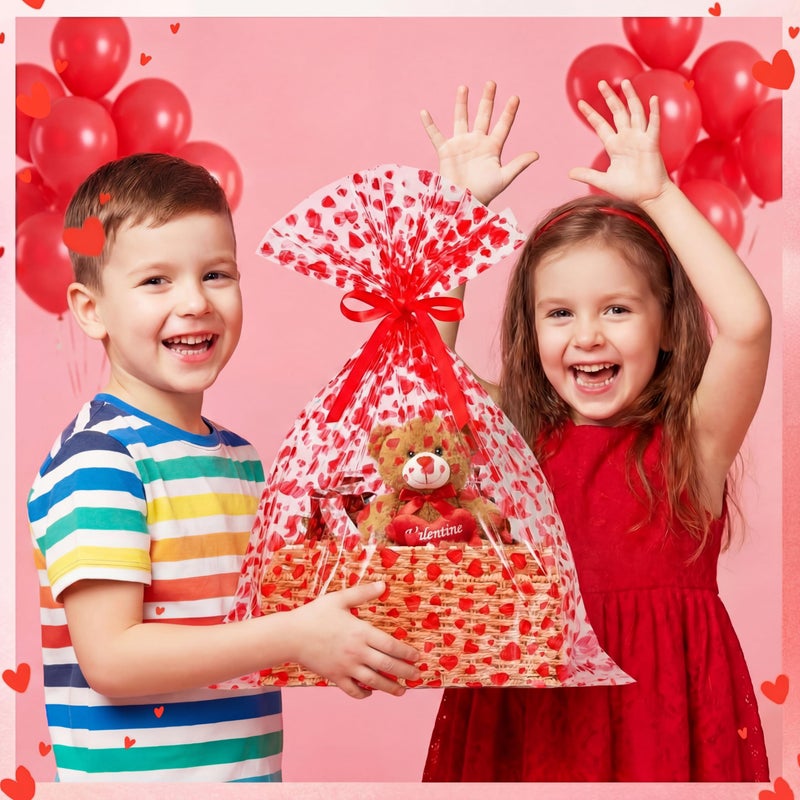Tenceur 60 Pcs Giant Valentine's Day Heart Clear Cellophane Gift Bags with Red Ribbons - Large 25.6 Ã— 31.5 Inches Valentine's Day Plastic Basket Wrapping for Gifts, Crafts, Dolls, and Toys - Image 2