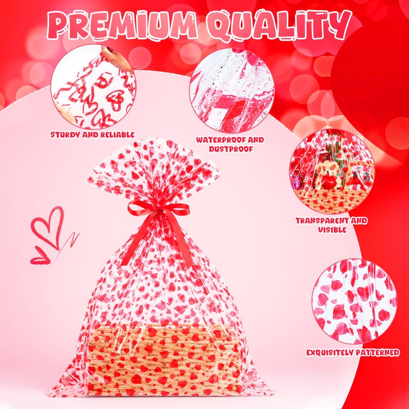 Tenceur 60 Pcs Giant Valentine's Day Heart Clear Cellophane Gift Bags with Red Ribbons - Large 25.6 Ã— 31.5 Inches Valentine's Day Plastic Basket Wrapping for Gifts, Crafts, Dolls, and Toys - Image 4