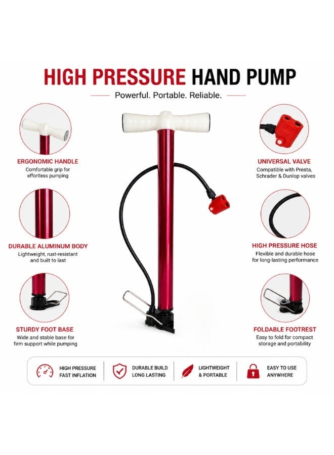 Fukukawa Portable High Pressure Air Pump for Car Tire Bicycle Motorcycle and Sports Ball Aluminum Hand Pump with Flexible Hose Universal Valve and Foldable Foot Base - Image 1