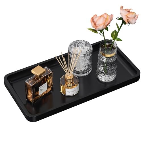 Weenson Bathroom Vanity Tray for Countertop - Bamboo Organizer Tray for Dresser Tops, Toilet, Perfume Small Decorative Wood Tray for Home Decoration 11.4” L x 6.1” W x 0.7” H (Black) - Image 1