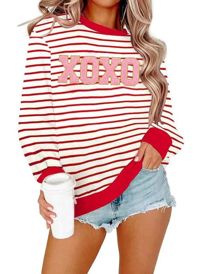 Valentine's Day Women's Funny Love Heart Graphic Shirt - Casual Long Sleeve Pullover Top, Red-8, L