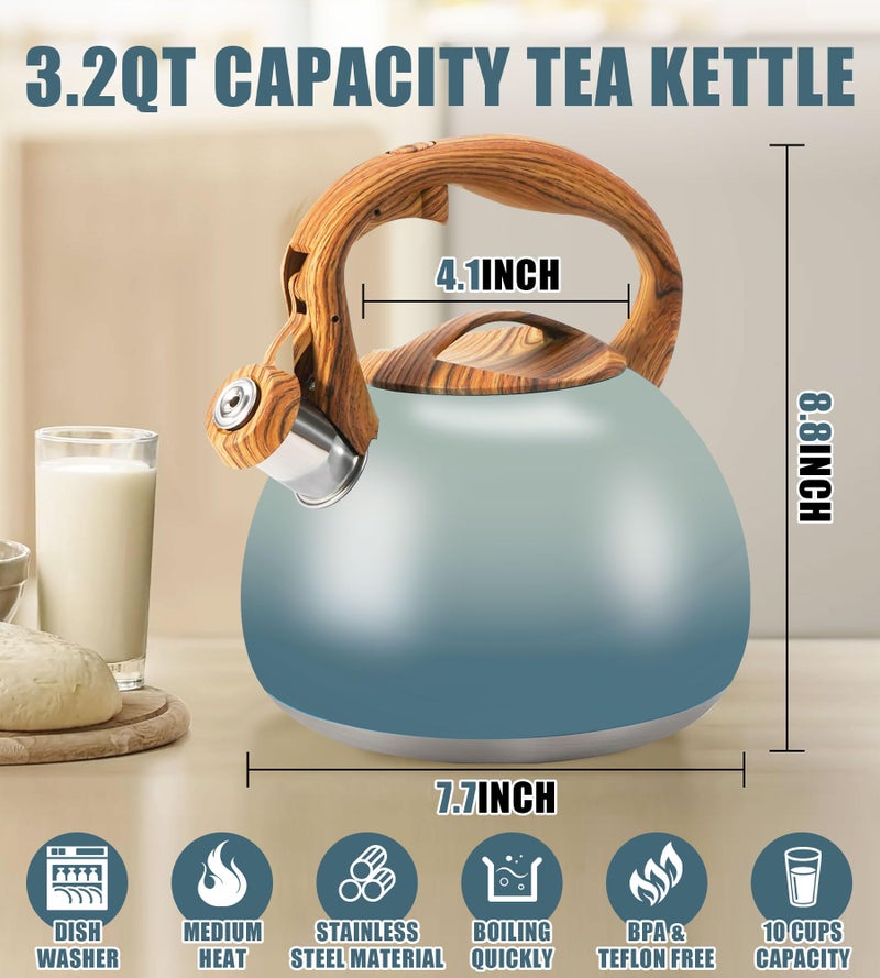 Foedo Tea Pot, 3.2Qt Tea Kettle Stovetop, Food Grade Stainless Steel Tea Kettle,Suitable for Various Heat Sources,One-Button Switch (Grayish Blue Gradient) - Image 4