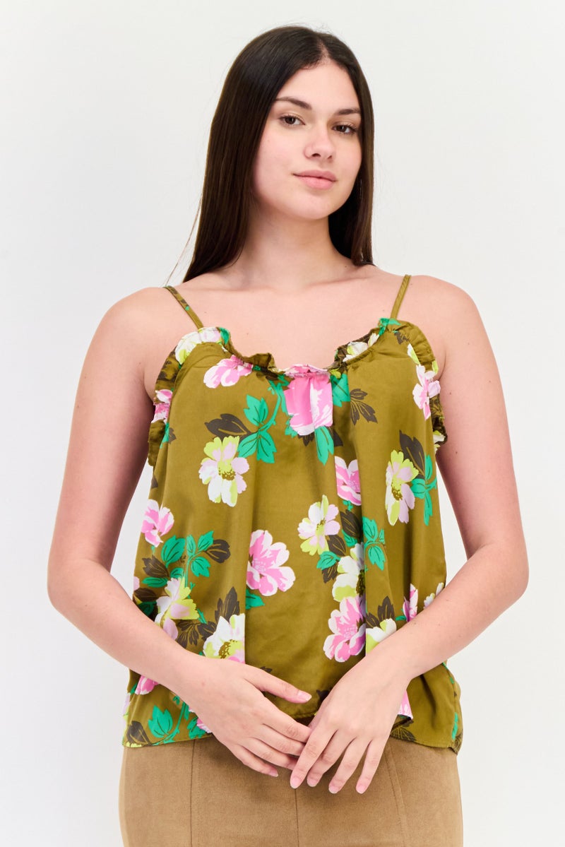 Aerie Women Ruffle Neck Floral Print Tank Top, Multicolor - Image 1