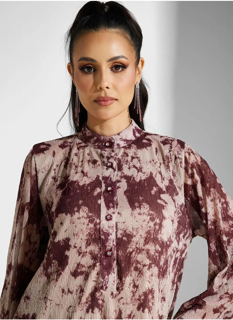 Golden Apple Button Detail Printed Top And Set