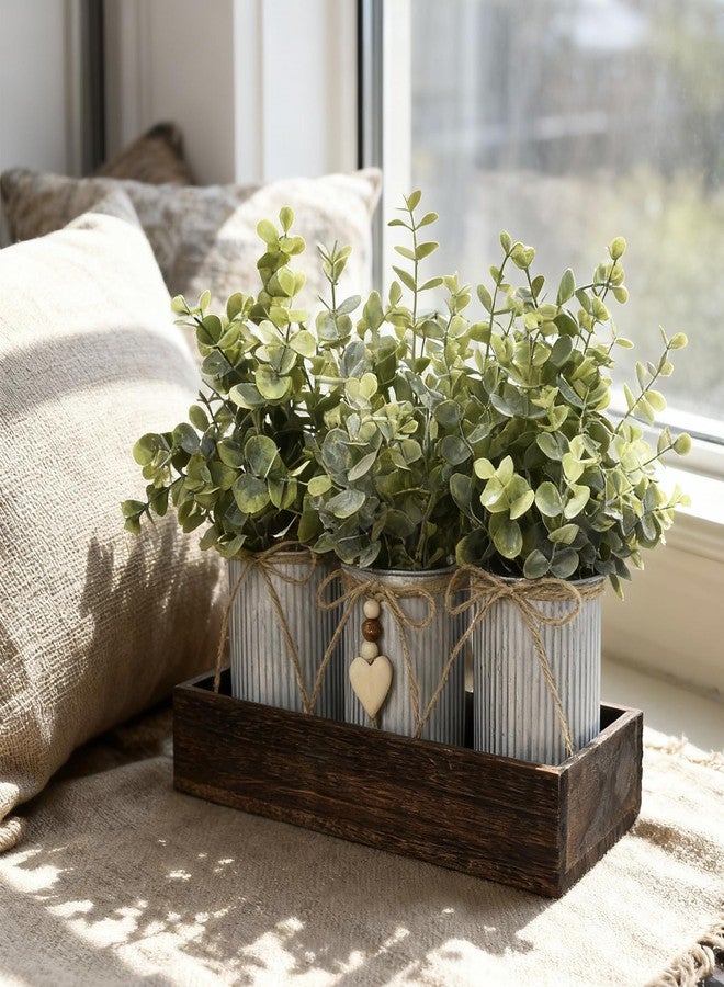 CANCLEAR Rustic Farmhouse 3-Piece Artificial Eucalyptus Centerpiece - Wooden Tray with 3 Galvanized Metal Pots & Faux Greenery - Table Decor for Dining Room, Kitchen, Living Room, Bathroom, Office - Image 5