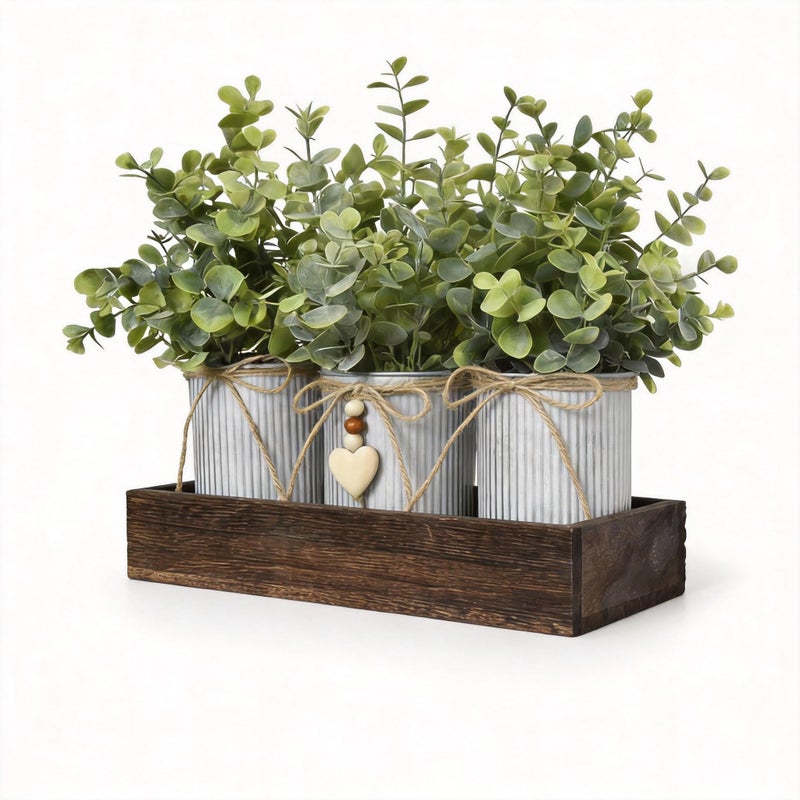 CANCLEAR Rustic Farmhouse 3-Piece Artificial Eucalyptus Centerpiece - Wooden Tray with 3 Galvanized Metal Pots & Faux Greenery - Table Decor for Dining Room, Kitchen, Living Room, Bathroom, Office - Image 1