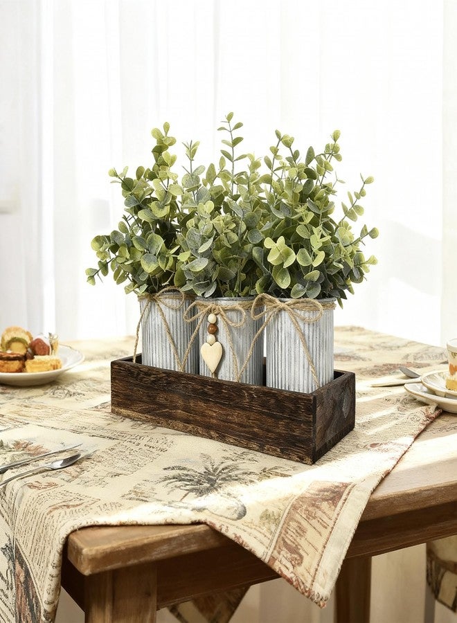 CANCLEAR Rustic Farmhouse 3-Piece Artificial Eucalyptus Centerpiece - Wooden Tray with 3 Galvanized Metal Pots & Faux Greenery - Table Decor for Dining Room, Kitchen, Living Room, Bathroom, Office - Image 2