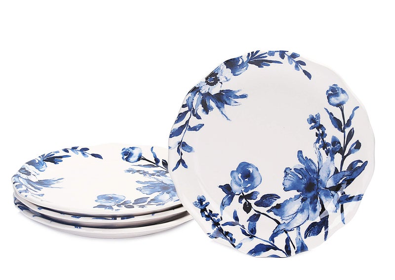 Bico Bico Watercolor Blue Flower Ceramic 875 inch Scalloped Salad Plates Set of 4 for Salad Appetizer Microwave  Dishwasher Safe 