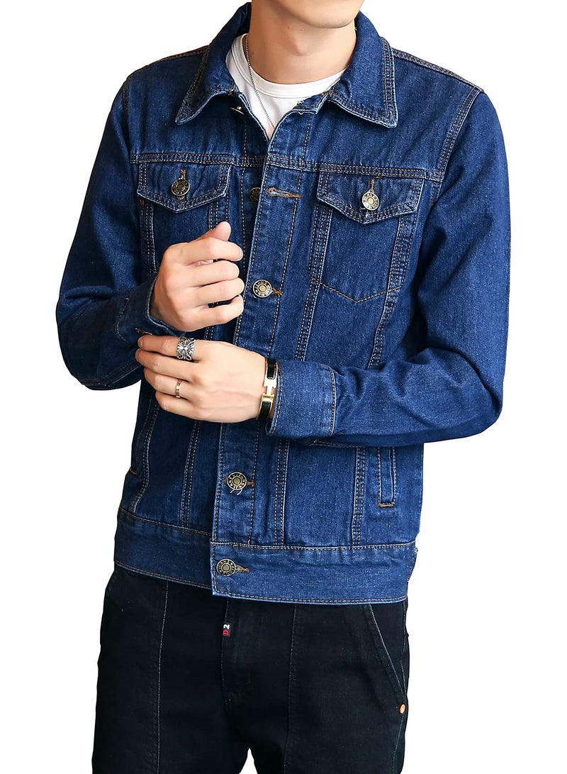 DAVIDANN Mens Classic Denim Trucker Jacket Casual Jean CoatDark BlueLarge