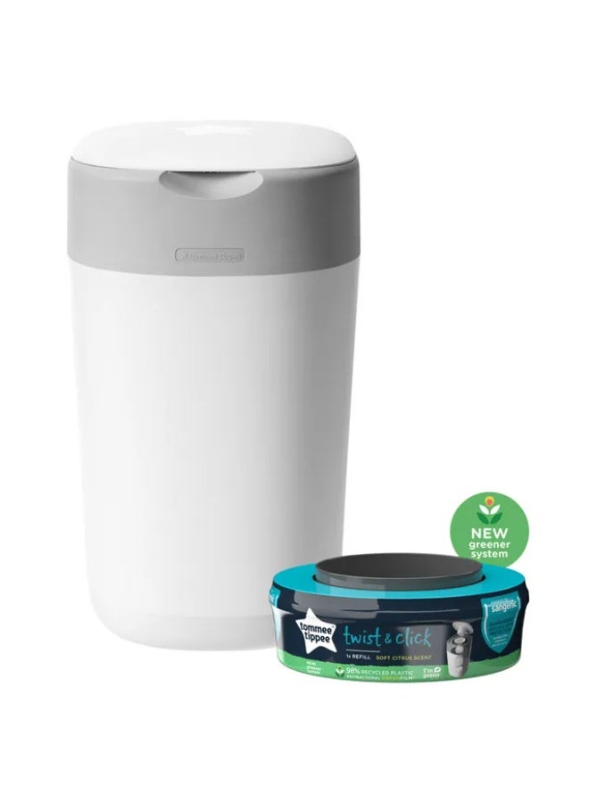 Tommee Tippee UK Tommee Tippee Twist & Click Nappy Disposal Sangenic Bin With 1 Refill Cassette - White
