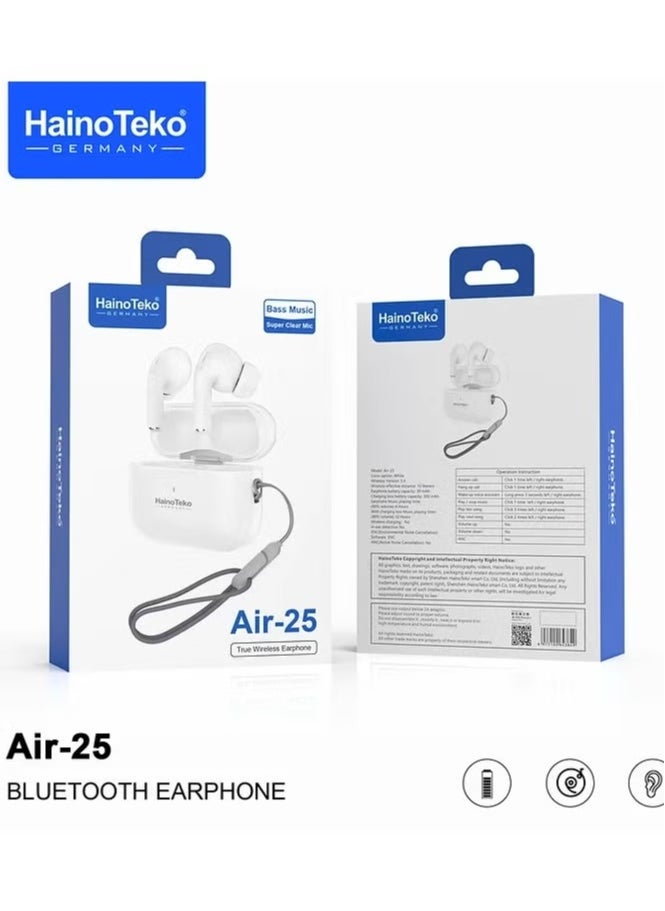 Haino Teko Wireless AIR-25 In-Ear Bluetooth Earphone | Premium Sound Quality, Free Cover with Hook, Compatible with iOS & Android, Comfortable & Lightweight, White - Image 1
