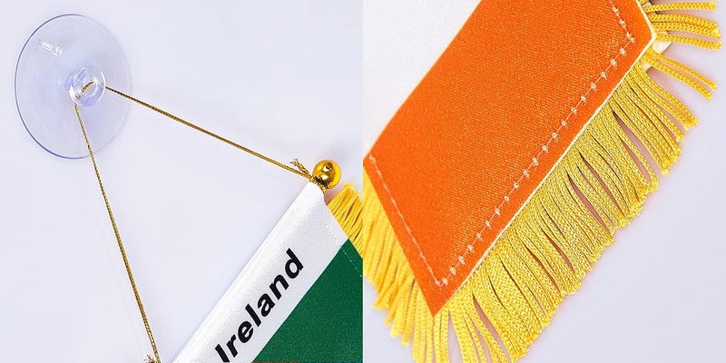 WXTWK 3 X 5 Inch Ireland Flag Irishman Window Hanging Flag Small Mini Car Flags Banners Rearview Mirror Decoration With Suction Cup Golden Fringy Banner - Image 3