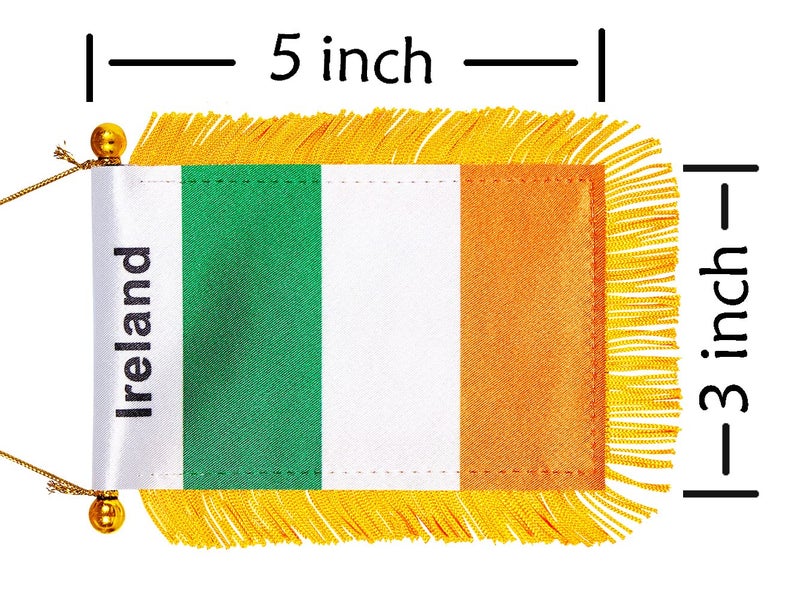 WXTWK 3 X 5 Inch Ireland Flag Irishman Window Hanging Flag Small Mini Car Flags Banners Rearview Mirror Decoration With Suction Cup Golden Fringy Banner - Image 2