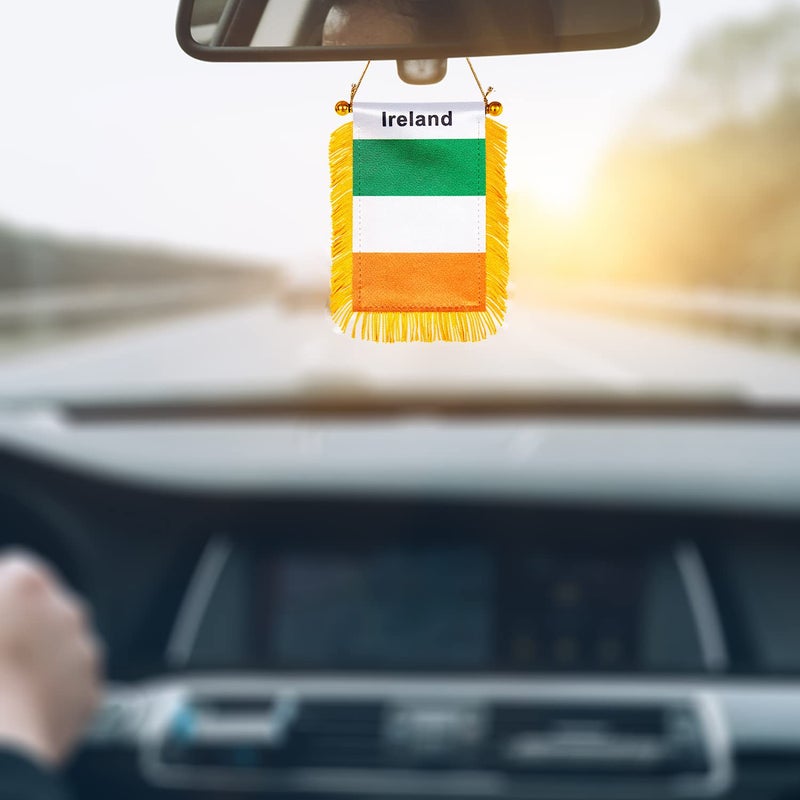 WXTWK 3 X 5 Inch Ireland Flag Irishman Window Hanging Flag Small Mini Car Flags Banners Rearview Mirror Decoration With Suction Cup Golden Fringy Banner - Image 4