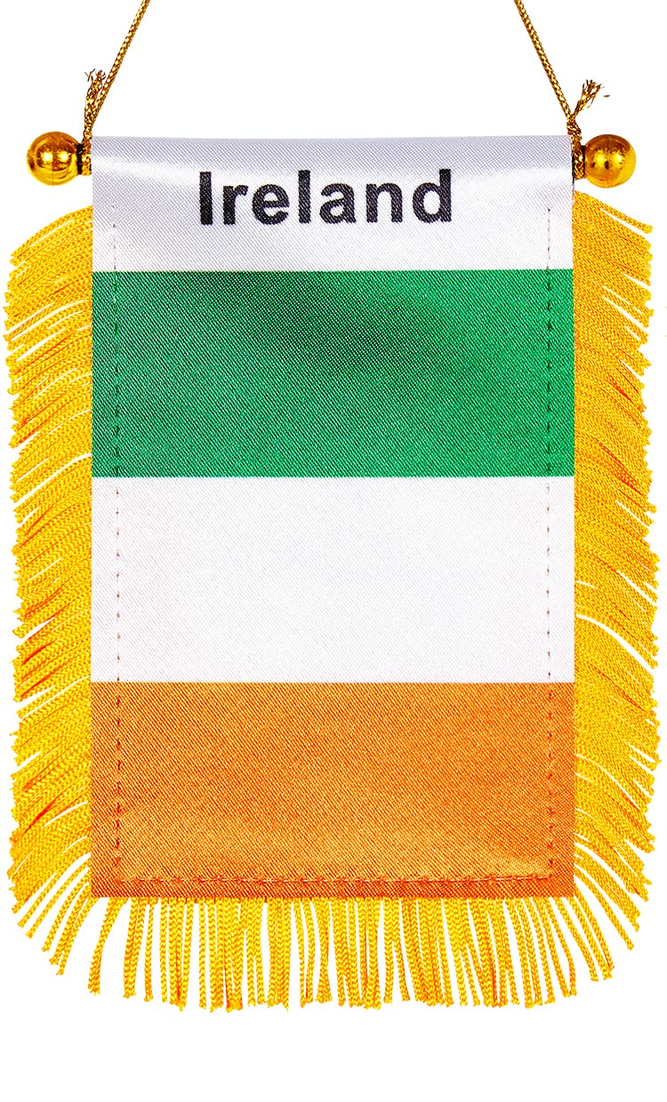 WXTWK 3 X 5 Inch Ireland Flag Irishman Window Hanging Flag Small Mini Car Flags Banners Rearview Mirror Decoration With Suction Cup Golden Fringy Banner - Image 1