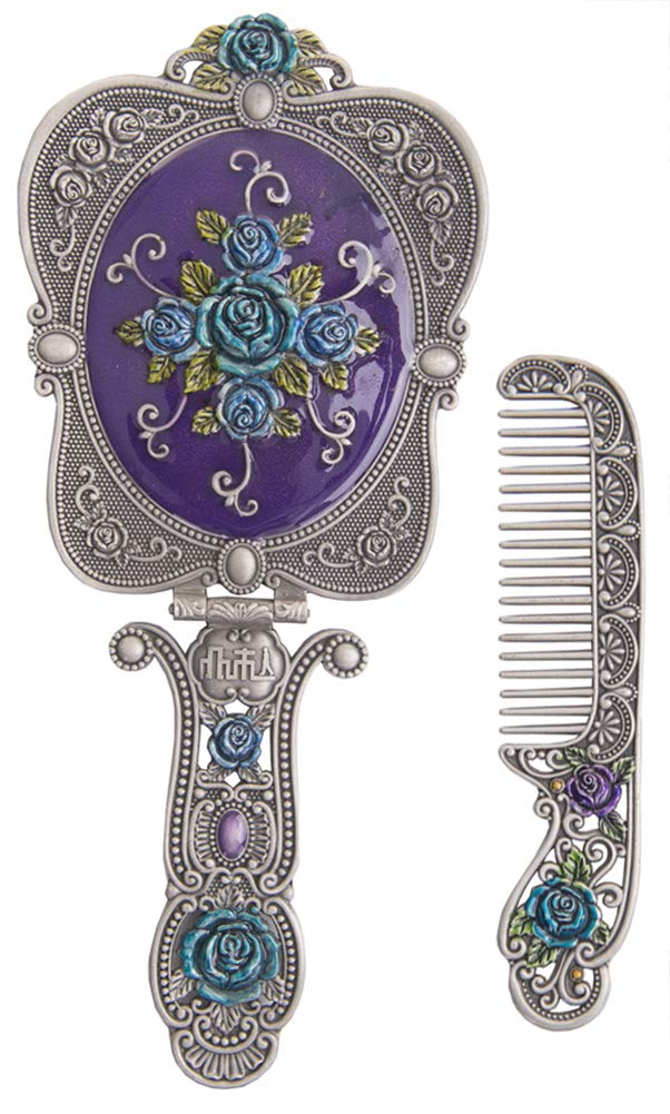 Nerien Antique Mirror Comb Set Vintage Metal Handheld Makeup Mirror with a Comb Russian Embossed Rose Hand Mirror Travel Portable Foldable Mirror Decorative Tabletop Stand Mirror Antique Pewter