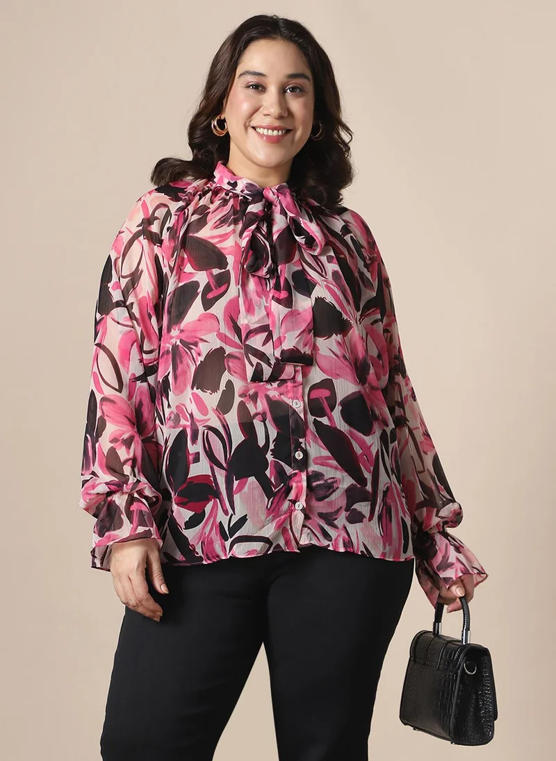 globus Globus Gloplus Women Pink Tie-Up Neck Raglan Sleeves Floral Print Georgette Plus Size Shirt Style Top