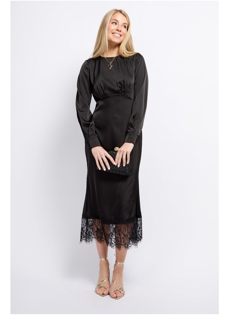 Little Mistress - Puff Sleeve Lace Detail Midaxi Dress - Image 1