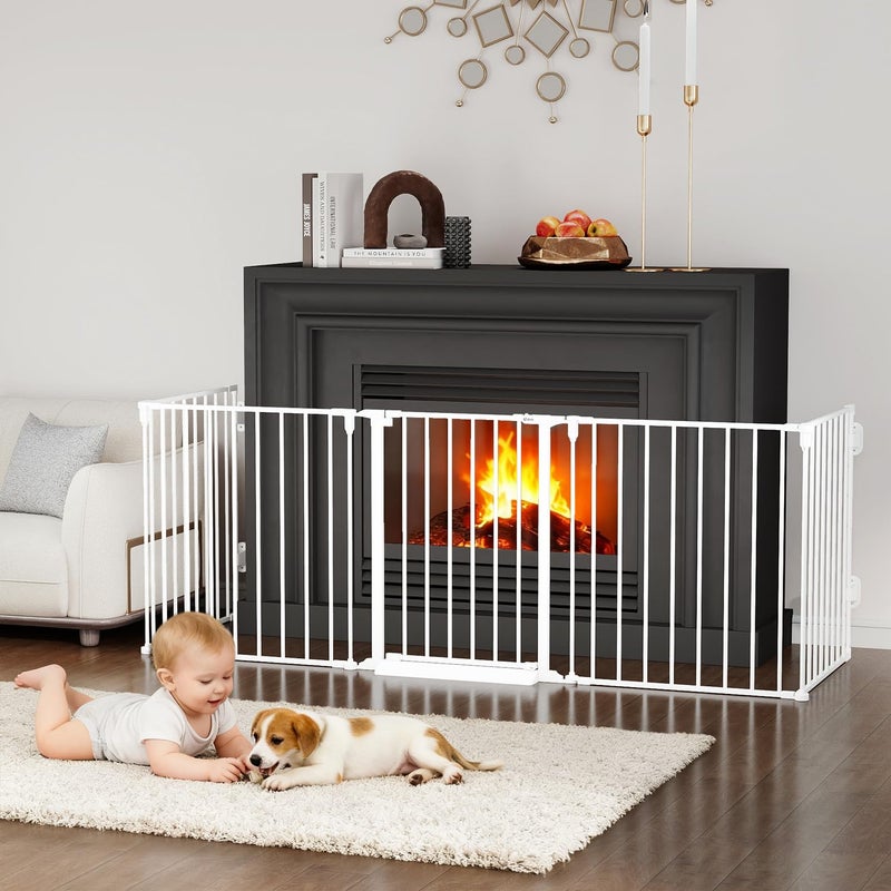Cideny 127.5" Extra Wide Baby Gate for Fireplace Christmas Tree, Configurable 5 Metal Panels Baby Fence, Child Gate for Wide Openings with Anti-Trip Pedal, Long Kid Gate for Dog Pet, 28'' Tall White - Image 1