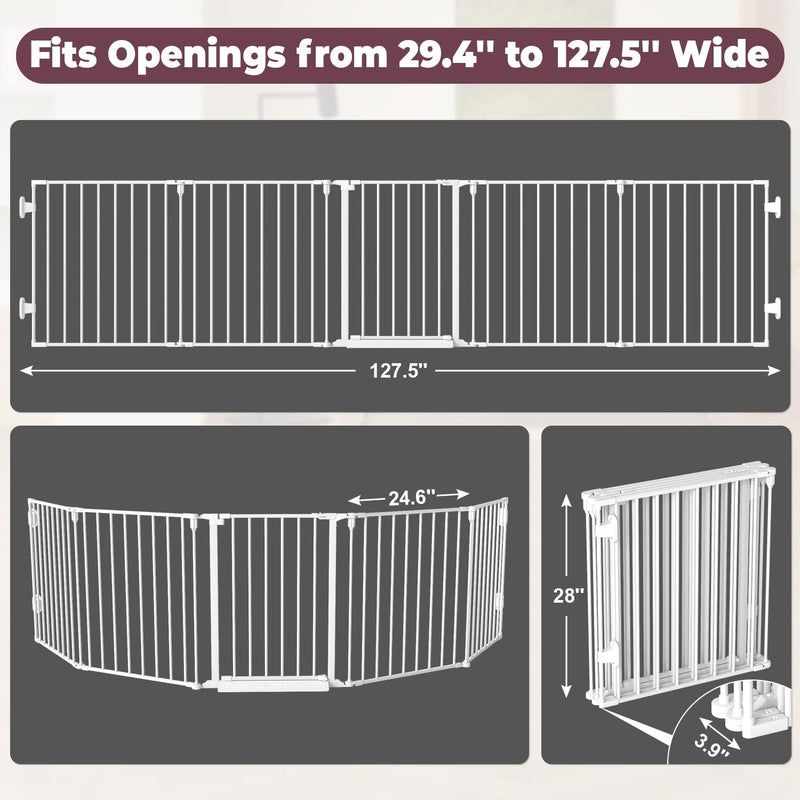 Cideny 127.5" Extra Wide Baby Gate for Fireplace Christmas Tree, Configurable 5 Metal Panels Baby Fence, Child Gate for Wide Openings with Anti-Trip Pedal, Long Kid Gate for Dog Pet, 28'' Tall White - Image 4
