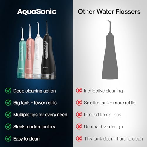 Aquasonic أكوا سونيك فلوسر برو جهاز تنظيف الأسنان بالماء القابل لإعادة الشحن بدون سلك بتصميم عصري سعة 300 مل خزان كبير 6 رؤوس فلوسر مع فوهة لسان فاخرة 3 أوضاع مقاوم للماء لون وردي ذهبي - Image 4