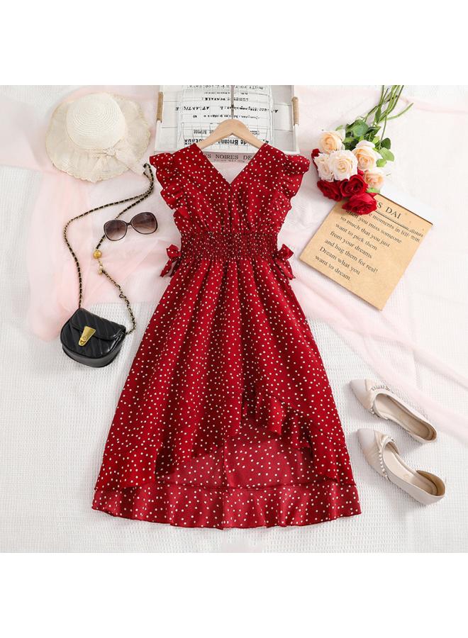 Girls Dress Summer New Western Style Polka Dot European And American Medium And Big Children Flying Sleeve Princess Dress Children's Clothing 