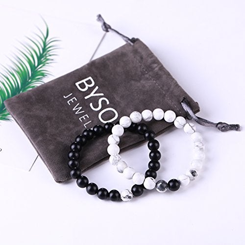 Byson 2 Pcs Couple Distance Relationship Bracelets Black Matte Agate & White Howlite Energy Beads Stone Ying Yang Balance Bracelet Banglet for Lovers Touch Bracelets Long Distance Relationship - Image 2
