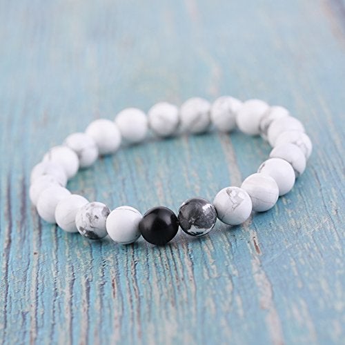 Byson 2 Pcs Couple Distance Relationship Bracelets Black Matte Agate & White Howlite Energy Beads Stone Ying Yang Balance Bracelet Banglet for Lovers Touch Bracelets Long Distance Relationship - Image 4