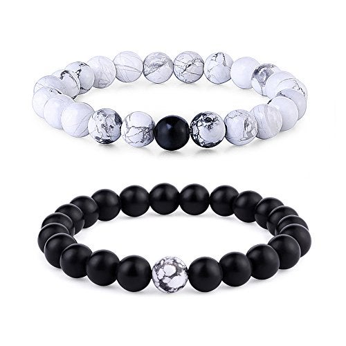 Byson 2 Pcs Couple Distance Relationship Bracelets Black Matte Agate & White Howlite Energy Beads Stone Ying Yang Balance Bracelet Banglet for Lovers Touch Bracelets Long Distance Relationship - Image 1