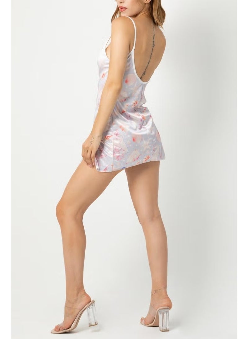 Phevos Patterned Strappy Slit Detailed Nightgown - Image 3