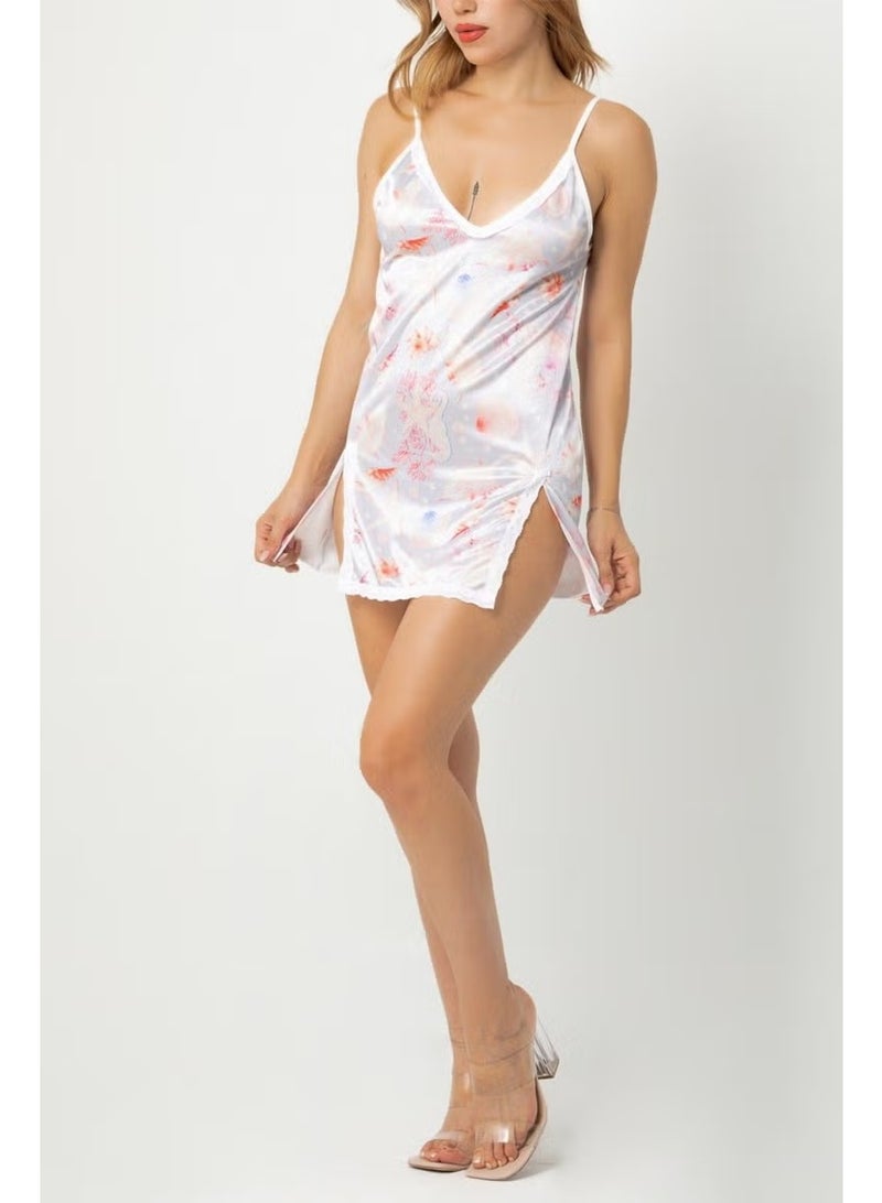 Phevos Patterned Strappy Slit Detailed Nightgown - Image 1