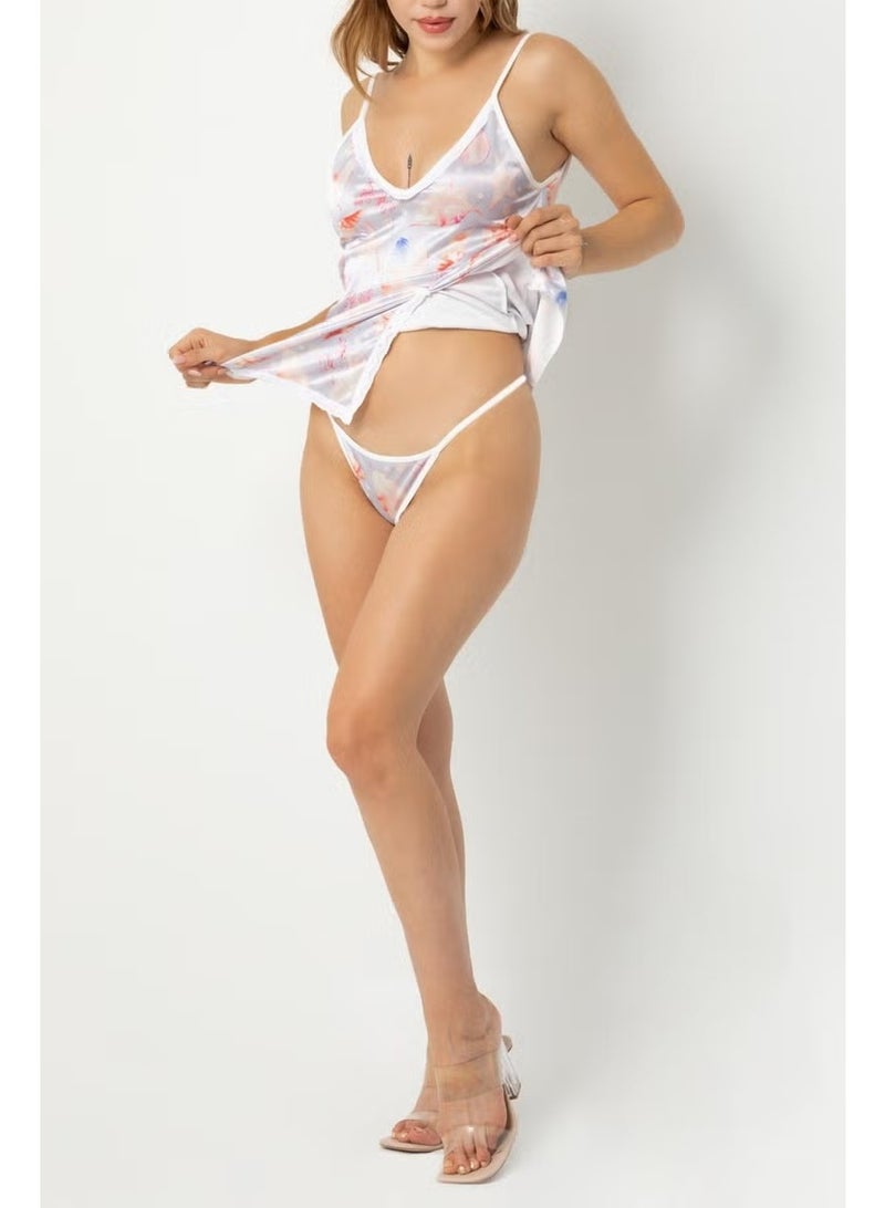 Phevos Patterned Strappy Slit Detailed Nightgown - Image 2
