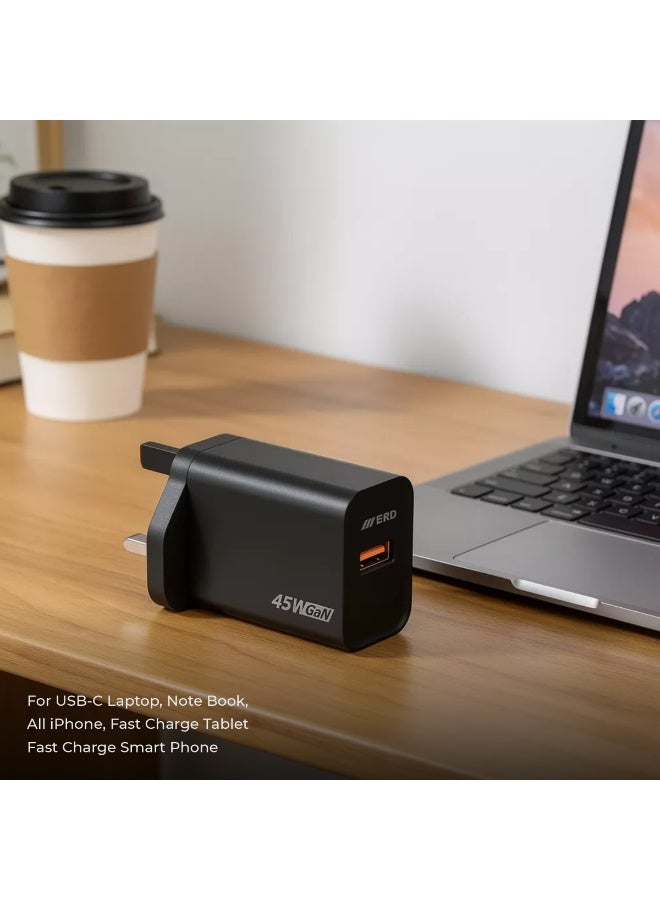 ERD شاحن سريع ERD TCU-661 بقوة 45 واط بتقنية GaN مع كابل USB-A إلى USB-C | تقنية نيتريد الغاليوم عالية الكفاءة | توافق عالمي مع MacBook Air و iPhone 15/14/13 Pro Max و iPad و Samsung Galaxy وأجهزة الكمبيوتر المحمولة USB-C | محول سفر فائق الصغر مع حماية متعددة الطبقات (أسود) - Image 4