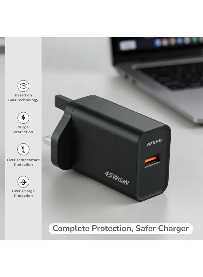 ERD شاحن سريع ERD TCU-661 بقوة 45 واط بتقنية GaN مع كابل USB-A إلى USB-C | تقنية نيتريد الغاليوم عالية الكفاءة | توافق عالمي مع MacBook Air و iPhone 15/14/13 Pro Max و iPad و Samsung Galaxy وأجهزة الكمبيوتر المحمولة USB-C | محول سفر فائق الصغر مع حماية متعددة الطبقات (أسود) - Image 3