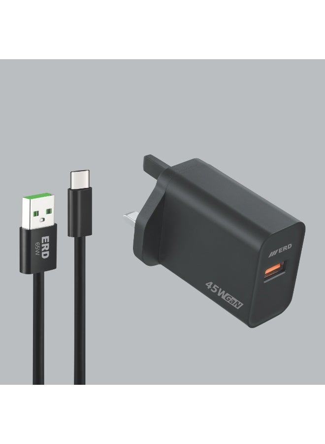 ERD شاحن سريع ERD TCU-661 بقوة 45 واط بتقنية GaN مع كابل USB-A إلى USB-C | تقنية نيتريد الغاليوم عالية الكفاءة | توافق عالمي مع MacBook Air و iPhone 15/14/13 Pro Max و iPad و Samsung Galaxy وأجهزة الكمبيوتر المحمولة USB-C | محول سفر فائق الصغر مع حماية متعددة الطبقات (أسود) - Image 2