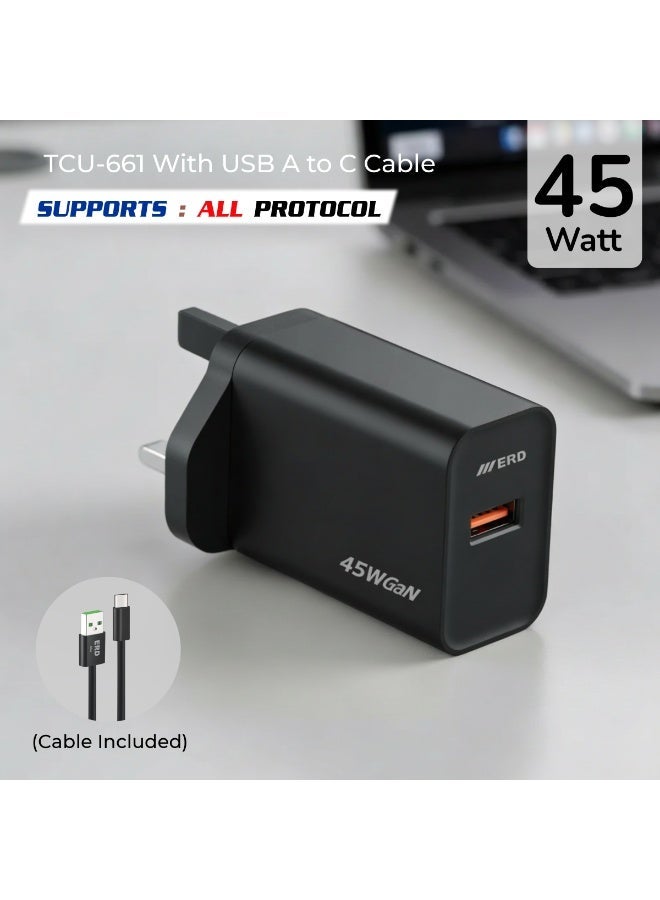 ERD شاحن سريع ERD TCU-661 بقوة 45 واط بتقنية GaN مع كابل USB-A إلى USB-C | تقنية نيتريد الغاليوم عالية الكفاءة | توافق عالمي مع MacBook Air و iPhone 15/14/13 Pro Max و iPad و Samsung Galaxy وأجهزة الكمبيوتر المحمولة USB-C | محول سفر فائق الصغر مع حماية متعددة الطبقات (أسود) - Image 1