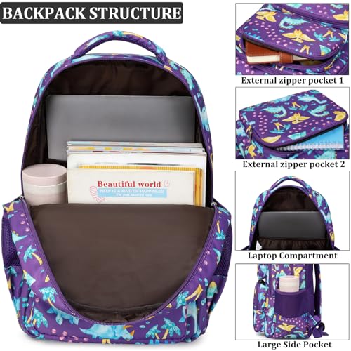 JIANYA Kids Backpacks for School Girls School Bag Kindergarten Emelentary Girls School Backpack with Lunch Box, Dinosaur Purple - Image 2