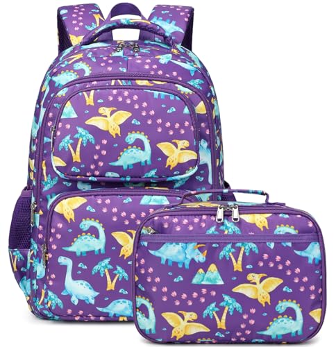 JIANYA Kids Backpacks for School Girls School Bag Kindergarten Emelentary Girls School Backpack with Lunch Box, Dinosaur Purple - Image 1