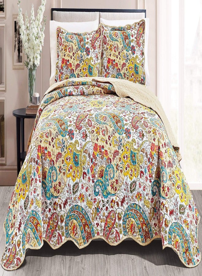 Grand Linen GrandLinen - 3-Piece Fine Printed Oversize (115 X 93) Quilt Set Reversible Bedspread Coverlet King Size Bed Cover (White, Red, Grey, Gold Multi Color Paisley)
